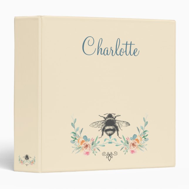 Personalized Elegant Floral Bee Spiral Notebook 3 Ring Binder (Front/Spine)