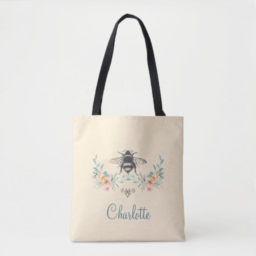 Personalized Elegant Floral Bee Spiral Notebook Tote Bag