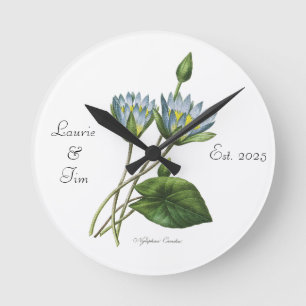Personalized Elegant Floral Blue Nymphea Wooden Round Clock