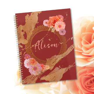 Personalized Elegant Floral Damask Golden Frame Planner