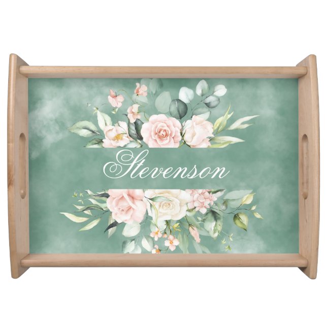 Personalized Elegant Floral Green Watercolor Name  Serving Tray (Front)