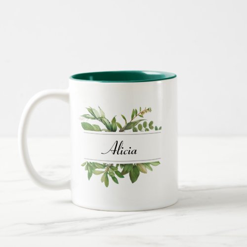 Personalized Elegant Floral Ladies Khaki Green Eco Two_Tone Coffee Mug