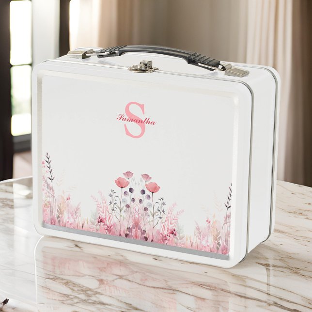 Personalized Elegant Floral Minimalist Cute Girly Metal Lunch Box (Creator Uploaded)