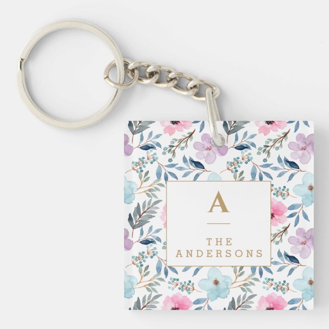 Personalized Elegant Floral Monogram Pastel Name Keychain (Front)