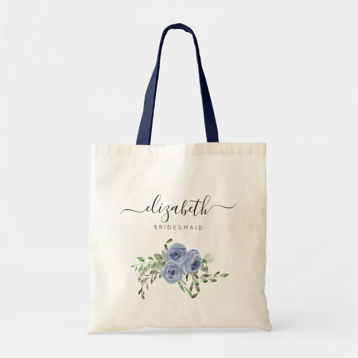 Personalized Elegant Floral Navy Blue Bridesmaid Tote Bag | Zazzle