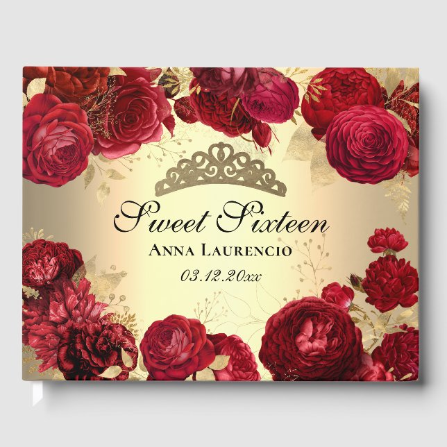 Personalized Elegant Floral Red Gold Sweet Sixteen Guest Book (Front)