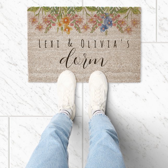Personalized Elegant Floral Script Dorm Roommates Fiber Doormat (Insitu)
