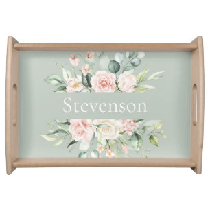 Personalized Elegant Floral Watercolor Name Serving Tray