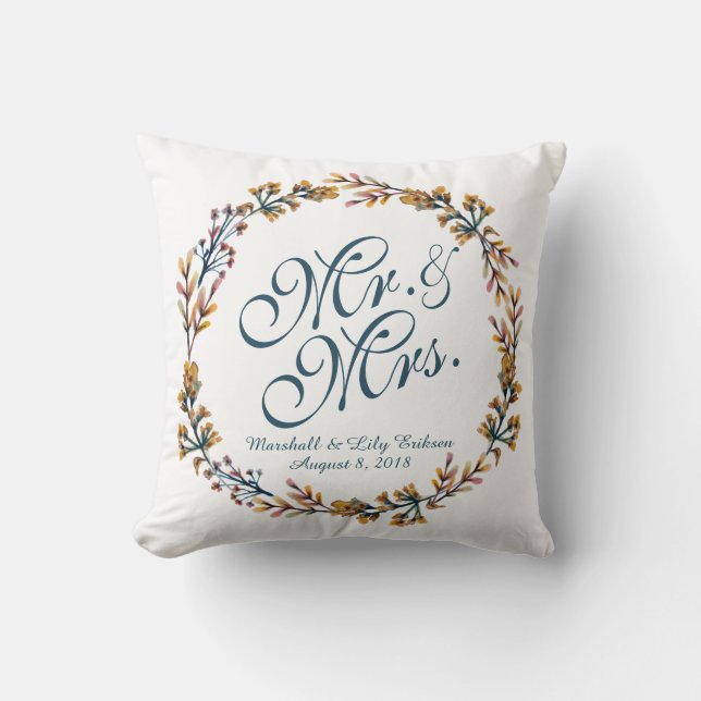 Personalized Elegant Floral Wedding Pillow (Front)
