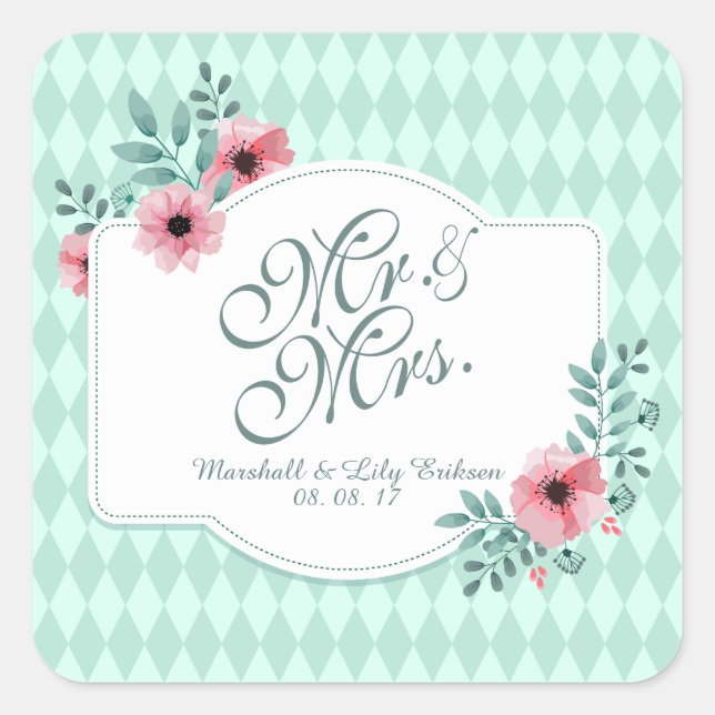 Personalized Elegant Floral Wedding Sticker (Front)