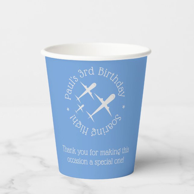 Personalized Elegant Fun Three Airplanes Art, Blue Paper Cups (Front)
