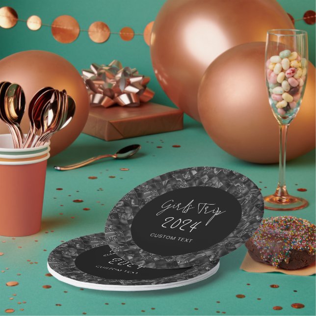 Personalized Elegant Girls Trip Faux Glitter Foil Paper Plates (Multi)