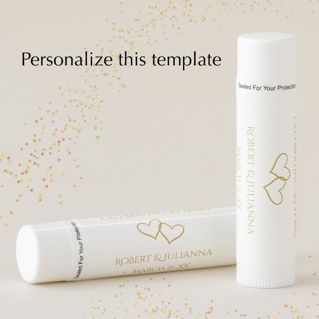 Personalized Elegant Gold 50th Anniversary Favor Lip Balm (Add couples names and wedding anniversary date for an elegant golden heart keepsake party favor.)