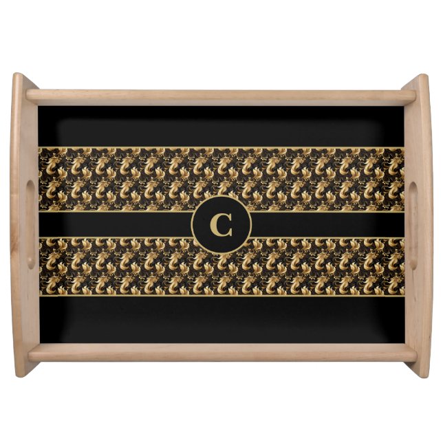 Personalized Elegant Gold and Black Abstract Serving Tray (Front)