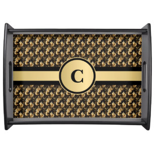 Personalized Elegant Gold and Black Abstract Serving Tray