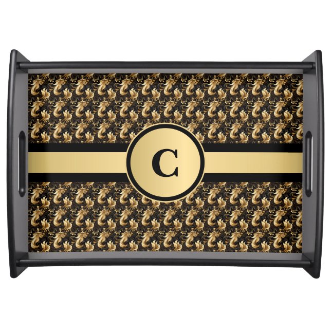 Personalized Elegant Gold and Black Abstract Serving Tray (Front)