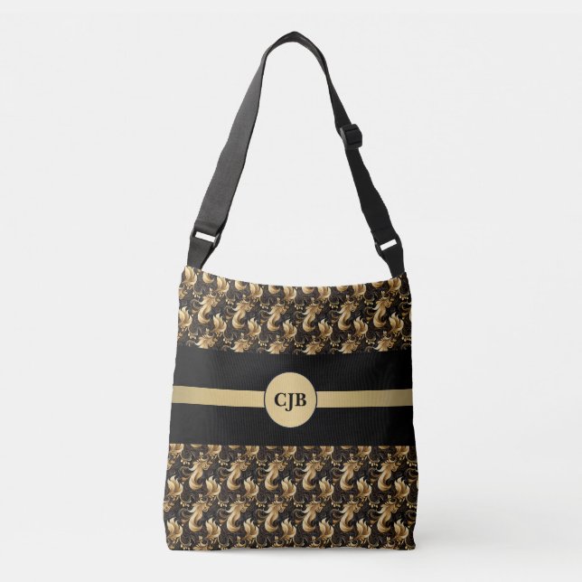 Personalized Elegant Gold & Black Abstract Crossbody Bag (Front)