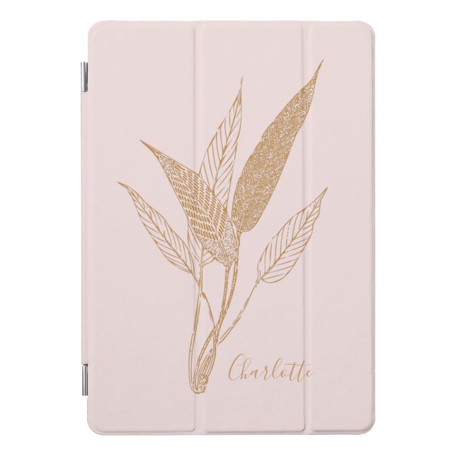 Personalized Elegant Gold Botanical Line Art Pink iPad Pro Cover (Front)