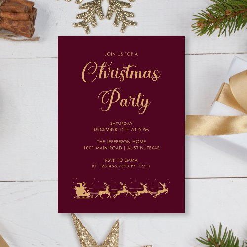 Personalized Elegant Gold Burgundy Christmas Party Invitation