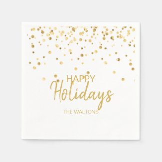Personalized Elegant Gold Confetti Happy Holidays Napkins