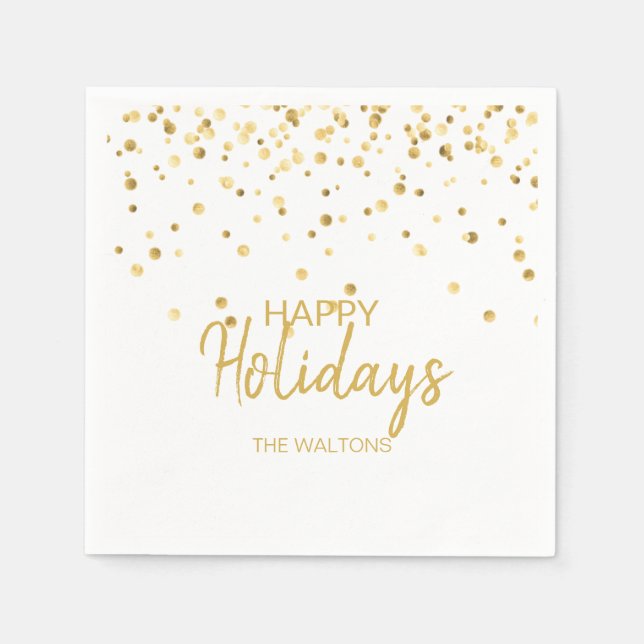 Personalized Elegant Gold Confetti Happy Holidays Napkins (Front)