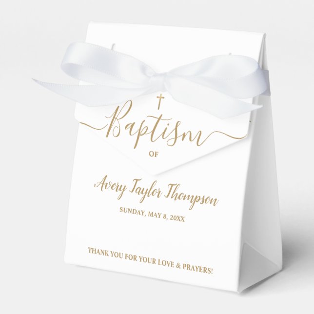 Personalized Elegant Gold Cross Baptism Script Favor Boxes (Front Side)