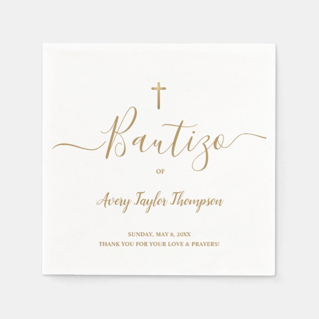 Personalized Elegant Gold Cross Bautizo spanish Napkins (Front)