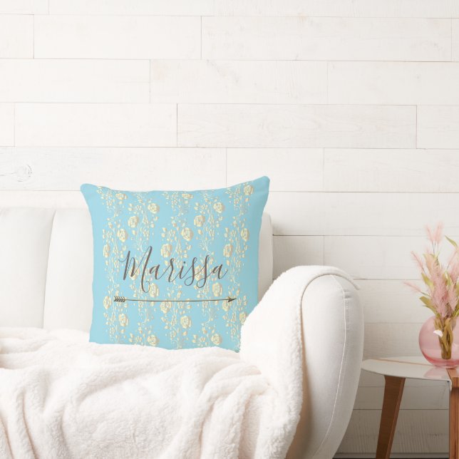 Personalized Elegant Gold Flowers on Blue  Throw Pillow (Couch)