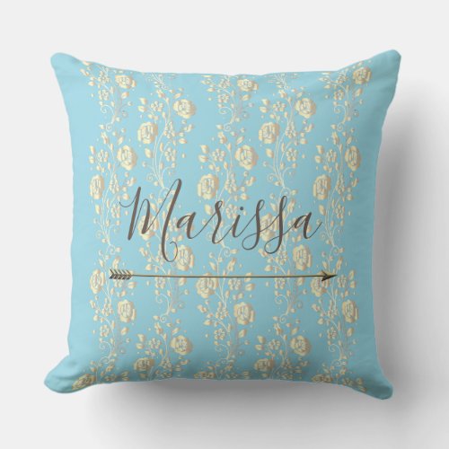 Personalized Elegant Gold Flowers on Blue  Throw Pillow