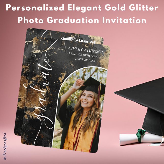 Personalized Elegant Gold Glitter Photo Graduation Invitation (Creator Uploaded)