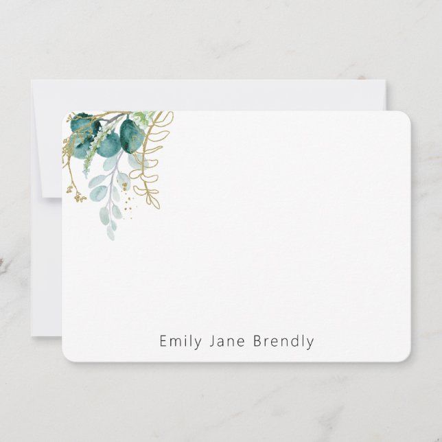 Personalized Elegant Gold Greenery Watercolor  Note Card (Front)