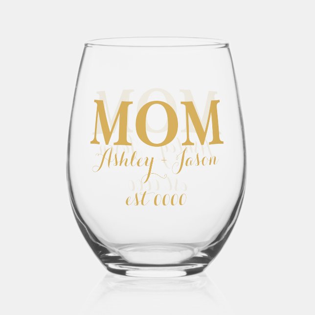 Personalized elegant gold mom EST  Stemless Wine Glass (Front)