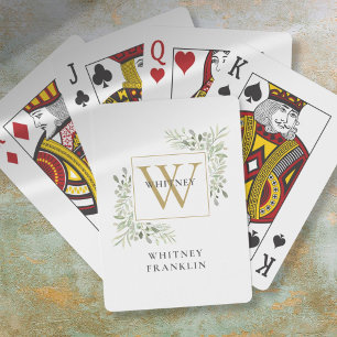 Personalized Elegant Gold Monogram Greenery Poker Cards