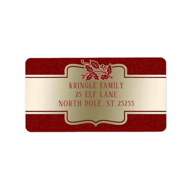 Personalized Elegant Gold Red Christmas Holly Label (Front)