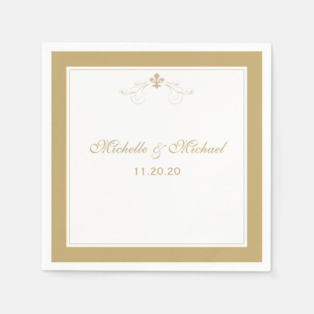 Personalized Elegant Gold White Fleur de Lis Paper Napkins (Front)