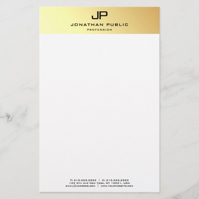 Personalized Elegant Gold White Template Modern Stationery (Front)