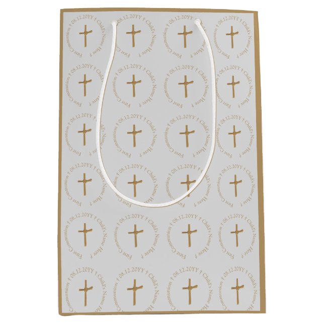 Personalized Elegant Golden Palm Cross Religious Medium Gift Bag (Front)