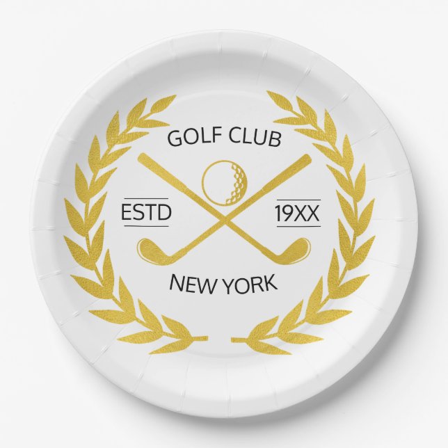 Personalized Elegant Golf Club Gold Wreath    Paper Plates (Front)