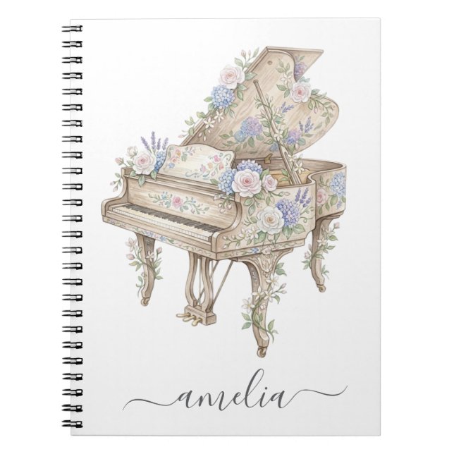 Personalized Elegant Grand Piano with Flowers      Notebook (Front)