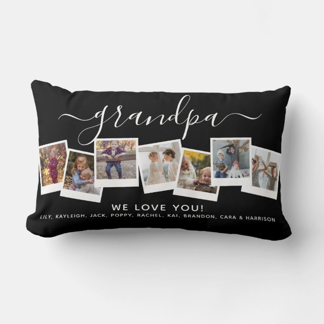 Personalized Elegant Grandpa Photo Collage Black Lumbar Pillow (Front)