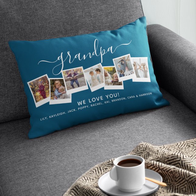 Personalized Elegant Grandpa Photo Collage Blue Lumbar Pillow (Creator Uploaded)