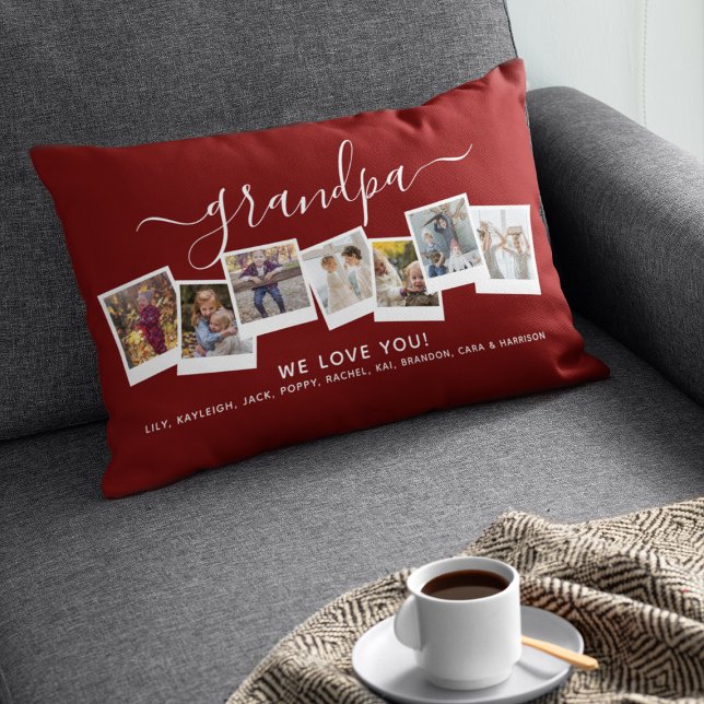 Personalized Elegant Grandpa Photo Collage Maroon Lumbar Pillow (Creator Uploaded)