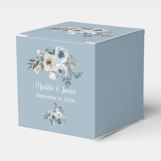 Personalized Elegant Gray Blue Floral Custom Favor Boxes (Front Side)