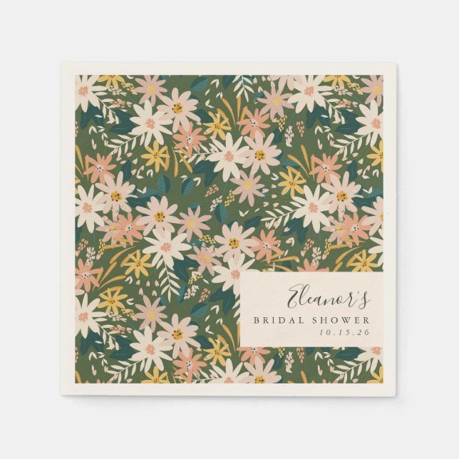 Personalized Elegant Green Floral Bridal Shower  Napkins (Front)