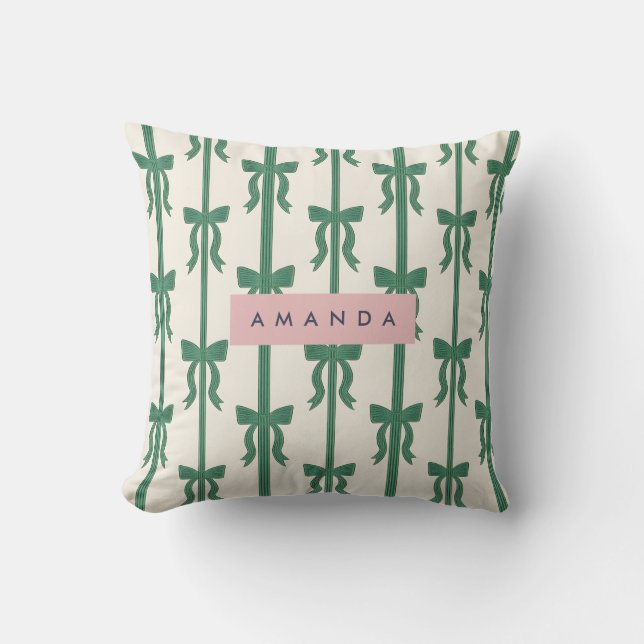 Personalized Elegant Green Ribbon Bow Pattern Throw Pillow (Front)