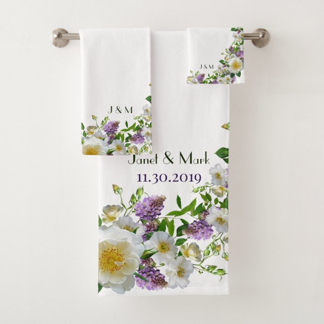 Personalized Elegant Greenery Floral Purple Bath Towel Set (Insitu)