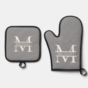 Personalized Elegant Grey Monogram and Name Oven Mitt & Pot Holder Set