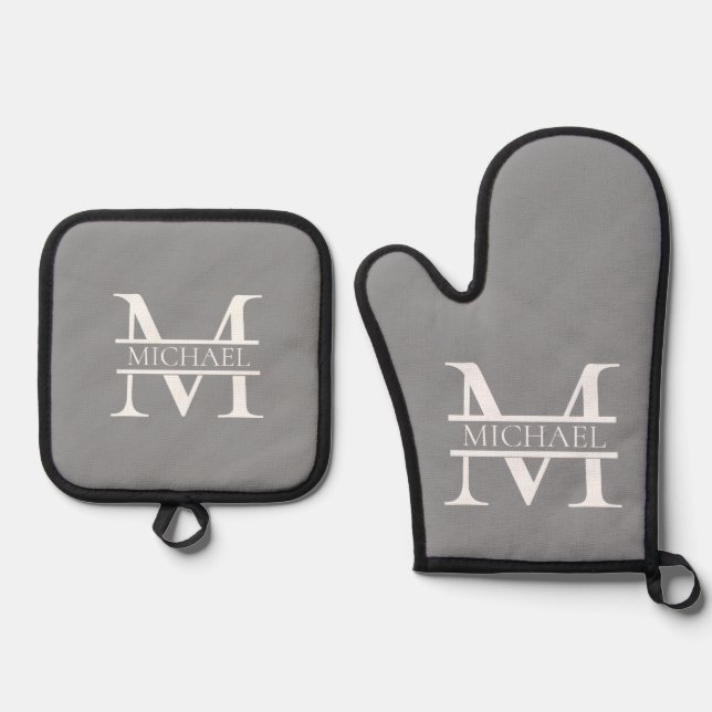 Personalized Elegant Grey Monogram and Name Oven Mitt & Pot Holder Set (Front)
