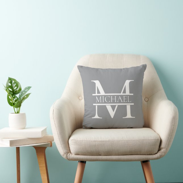 Personalized Elegant Grey Monogram and Name Throw Pillow (Chair)