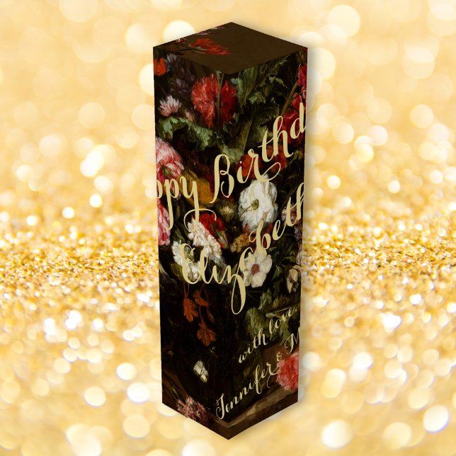 Personalized Elegant Happy Birthday Floral Art  Wine Box (Personalized Elegant Happy Birthday Floral Art Wine Box)